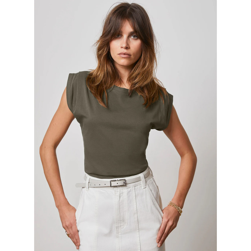 Mint Velvet Khaki Cotton Extended Shoulder T Shirt